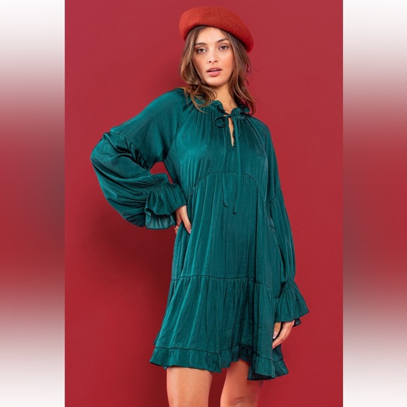 01 Washed Satin Tie Front Tiered Flowy Dress - Picture 2 of 5